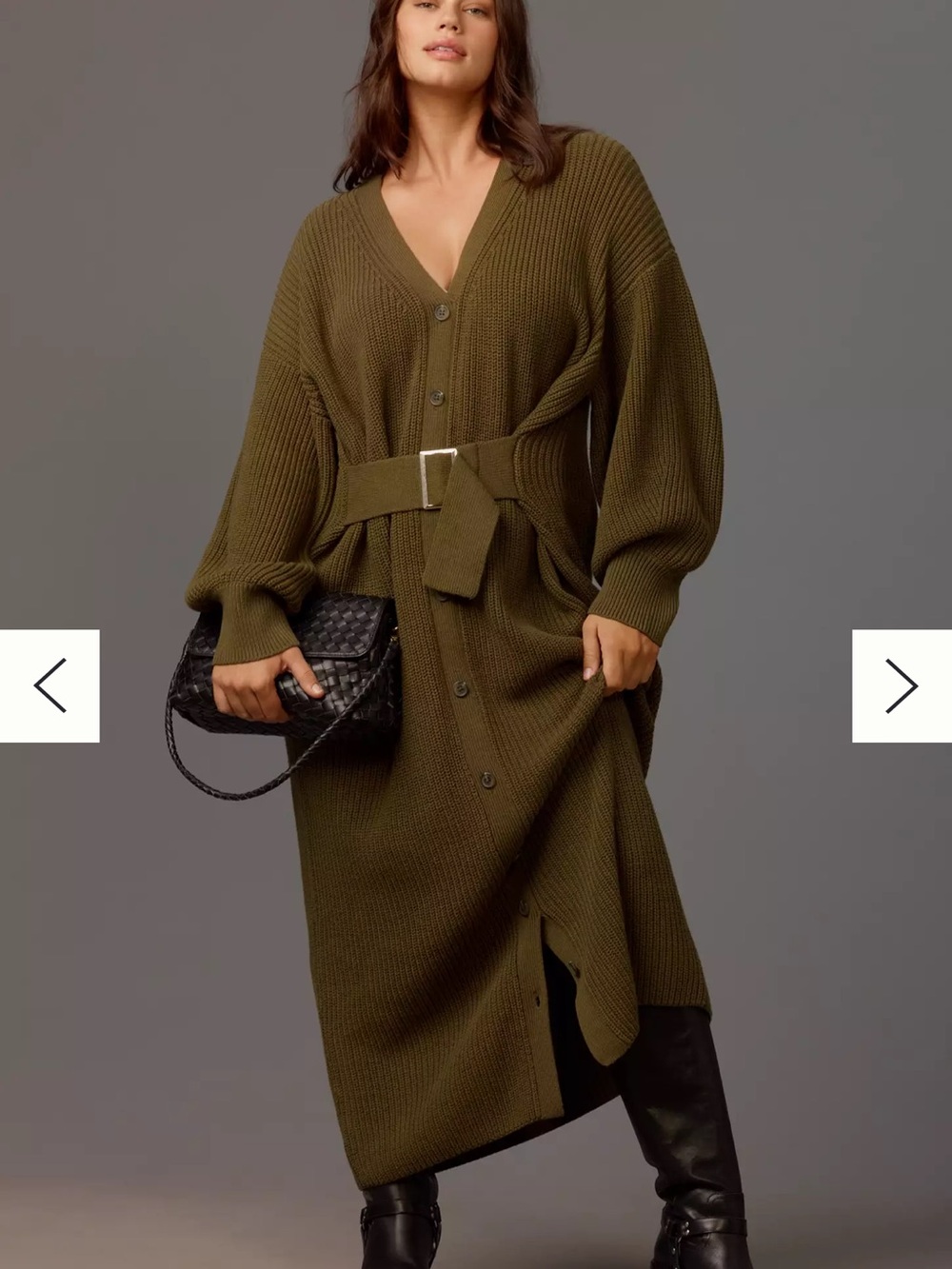Anthropologie Olive Green Ribbed Knit Midi Cardigan Dress